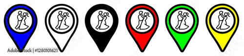 Flat map point icons for night club, disco, dance floor, dance hall and other entertainment places, in different colors, location icons set on transparent background. Position symbols or GPS positioni