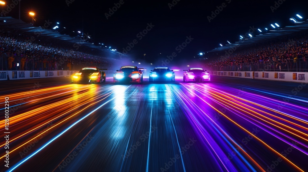 Drag racing cars illuminated by colorful LED underglow lights during a nighttime event. Featuring vibrancy and speed Drag racing cars illuminated by colorful LED underglow lights during a nighttime event. Featuring vibrancy and speed