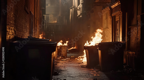 A dark alley with burning trash cans casting eerie shadows, depicting post-riot destruction, civil unrest, and urban chaos. A haunting atmosphere captures the aftermath of social upheaval. photo