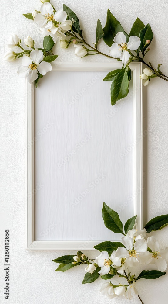 White Frame Mockup With Delicate White Flowers and Green Leaves On