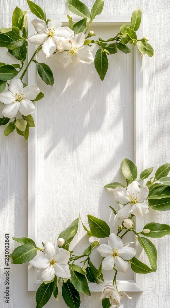 White Flowers and Green Leaves Frame on Textured White Background
