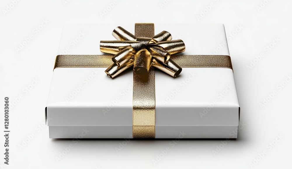 White Gift Box with Gold Ribbon and Bow on White Background