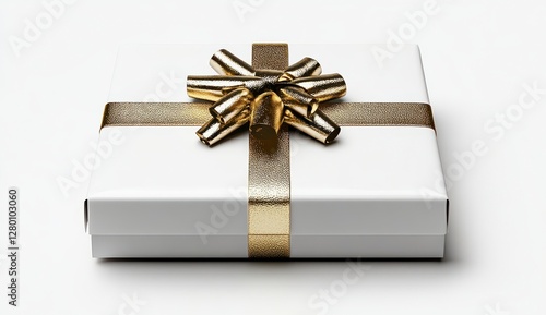 Obraz na płótnie White Gift Box with Gold Ribbon and Bow on White Background w salonie