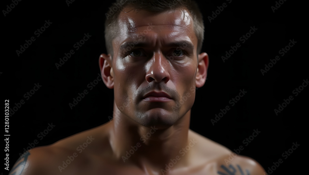 A close-up of a male fighter with sweat glistening on his muscular face, his eyes filled with determination. Dark background, high-contrast lighting, dramatic depth of field, ultra-realistic skin text A close-up of a male fighter with sweat glistening on his muscular face, his eyes filled with determination. Dark background, high-contrast lighting, dramatic depth of field, ultra-realistic skin text