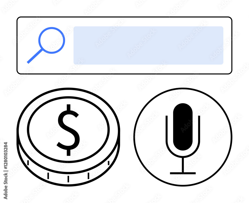 Search bar with magnifying glass, dollar coin, and microphone showcasing online search, money, voice command. Ideal for tech innovation, digital marketing, banking, AI fintech e-commerce abstract