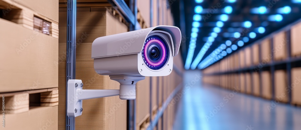 White Security Camera in Modern Warehouse with Blue Lighting