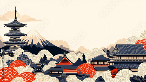 Elegant Japanese Landscape with Mountain and Traditional Architecture photo