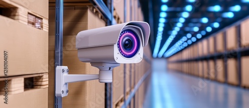 Obraz na płótnie White Security Camera in Modern Warehouse with Blue Lighting w salonie