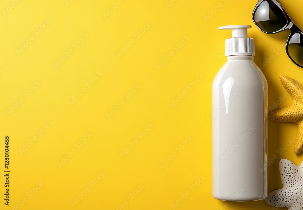 White Sunscreen Bottle and Sunglasses on Yellow Background