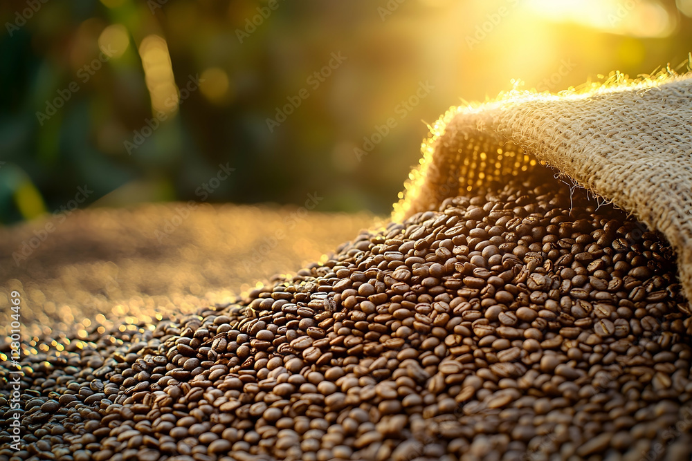 Obraz premium Aromatic coffee beans spill from a burlap sack under the warm sunlight