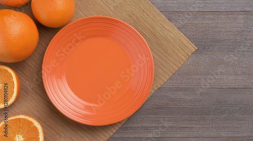 Generated image - Orange fruit on orange plate on orange and white background with copy space