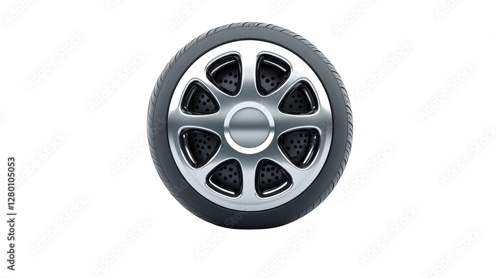 Fototapeta premium Car wheel isolated on a white background with a shiny alloy rim and black rubber tire