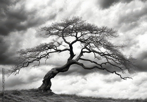 Windswept Tree Against Dramatic Cloudy Sky in Black and White