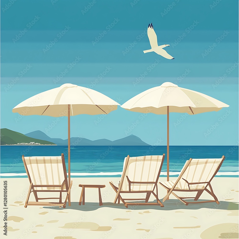 Beach Umbrella and sun loungers on the beach near the sea, Beach Umbrella and sun loungers on the beach near the sea,
