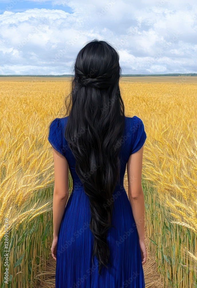 Woman In Blue Dress Standing In A Golden Wheat Field