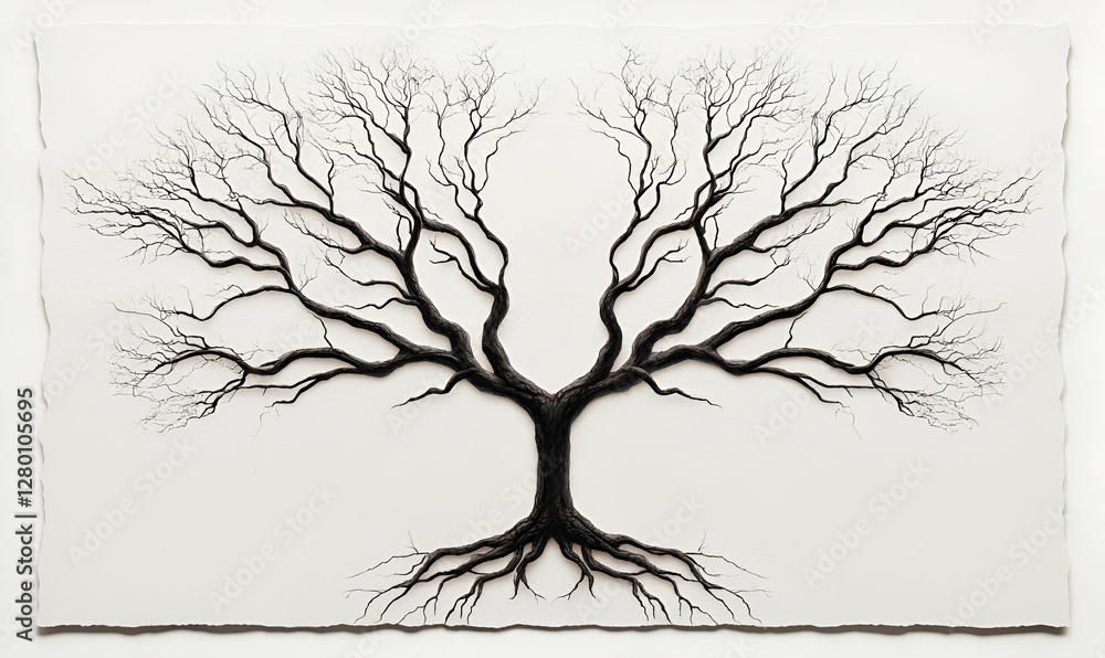 Fototapeta premium Intricate Black Tree Design with Bare Branches and Roots on Paper