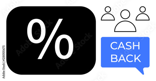 Black percentage sign in a black rectangle, three user icons, blue speech bubble with text CASH BACK. Ideal for discounts, rewards, customer loyalty, savings, marketing promotions finance. Abstract