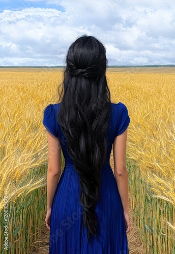 Obraz na płótnie Woman In Blue Dress Standing In A Golden Wheat Field w salonie