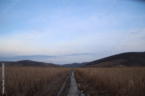 Wooden Path Amidst Dry Grass Leading Towards Distant Hills Below Blue Sky