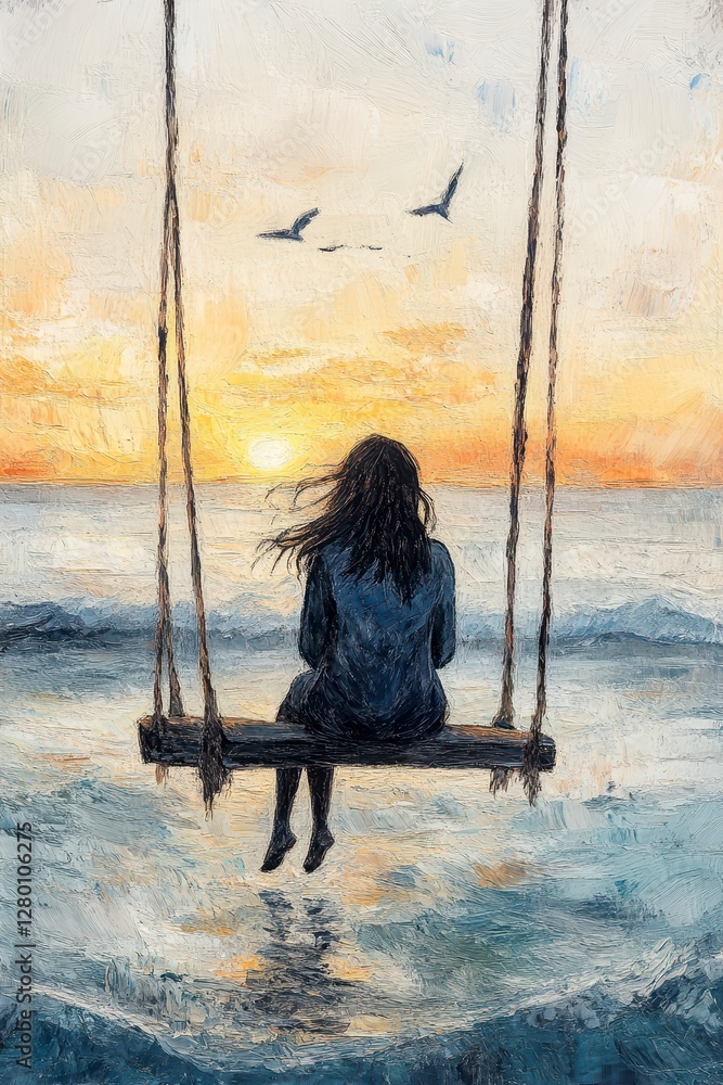 Woman On Swing At Sunset Over Wavy Sea, Painting