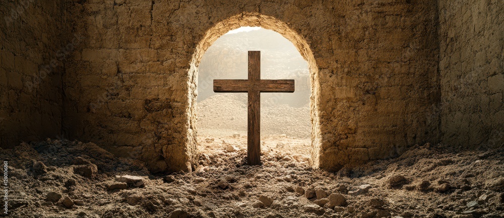 Wooden Cross in Stone Archway Bathed in Soft Light