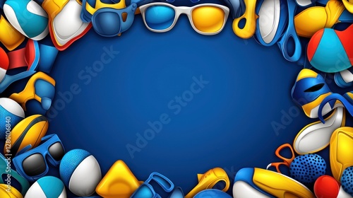 Colorful summer accessories frame a blue background. Possible use stock photo photo