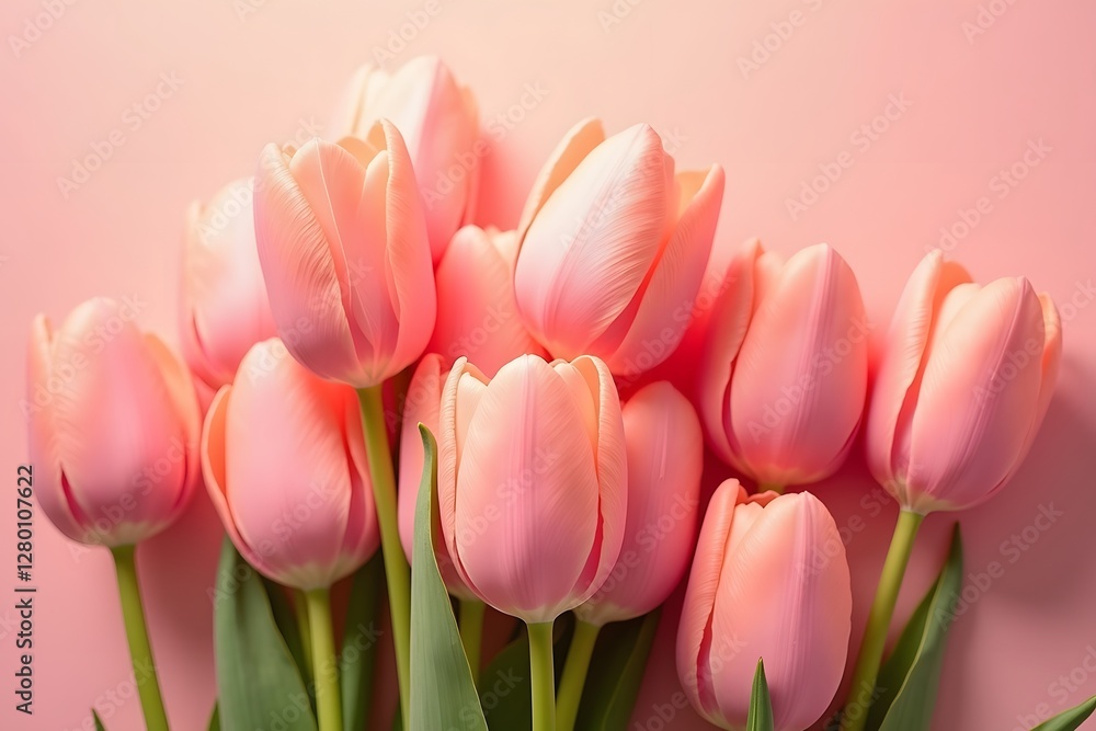 Fototapeta premium Pink tulips on a pink background. Top view flat