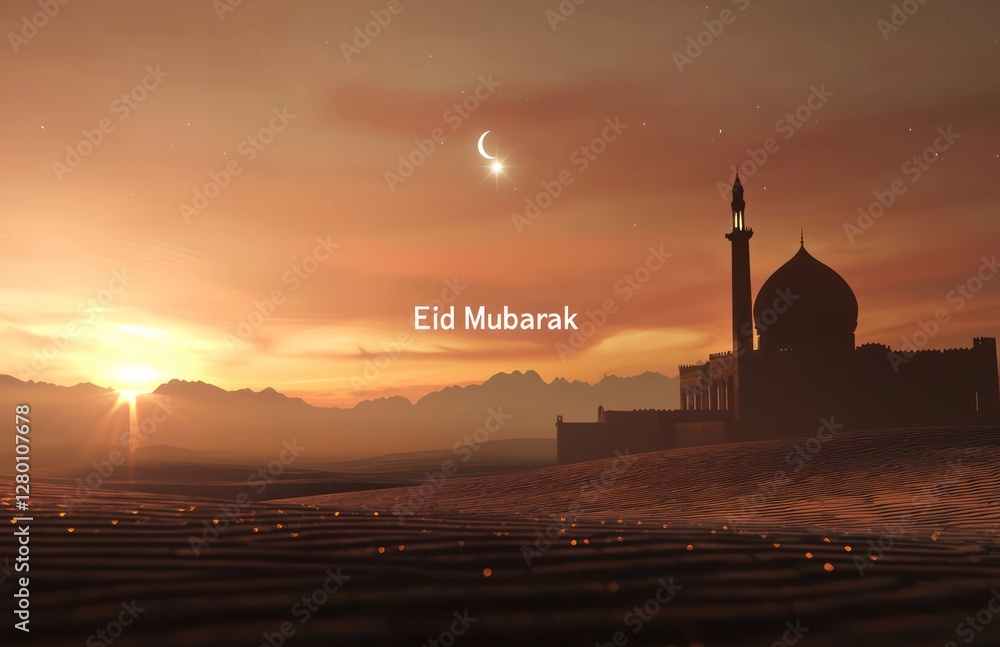 Obraz premium Twilight desert scene with a mosque, star above, and Eid Mubarak written in the sand.
