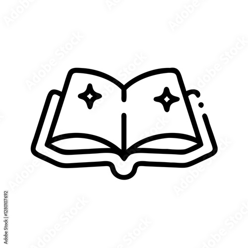 Magic book icon with sparkles in minimalistic black outline