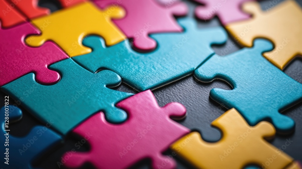 Fototapeta premium Colorful puzzle pieces scattered on a dark surface, showcasing vibrant hues and textures