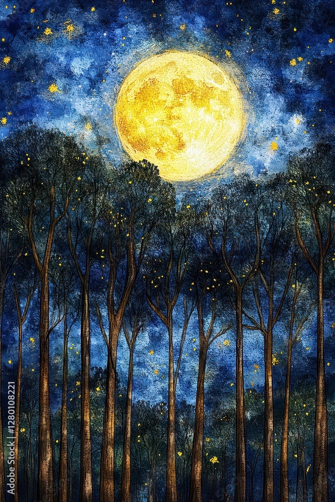Yellow Moonlit Forest Night Scene With Twinkling Fireflies