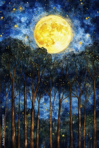 Obraz na płótnie Yellow Moonlit Forest Night Scene With Twinkling Fireflies w salonie