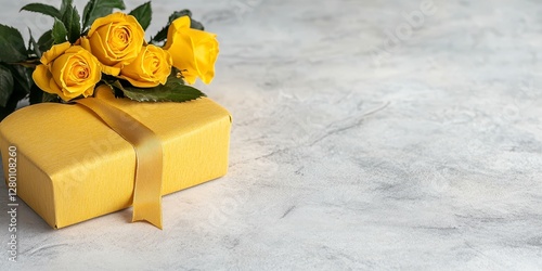 Obraz na płótnie Yellow Roses and Gift Box on Textured Gray Background w salonie
