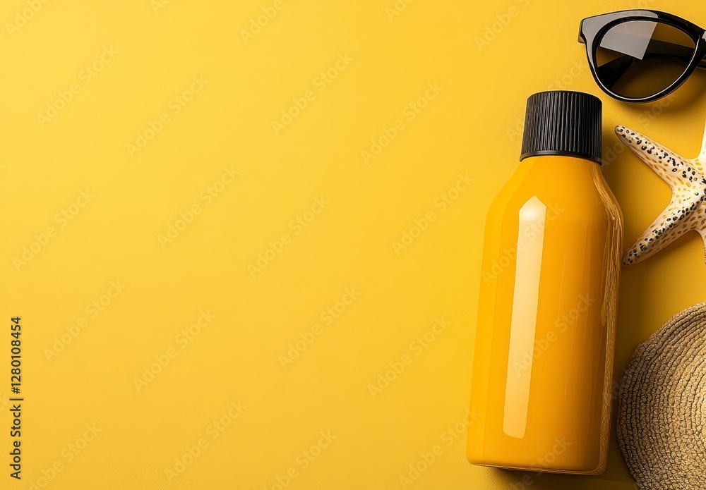 Yellow Sunscreen Bottle and Summer Accessories on Yellow Background