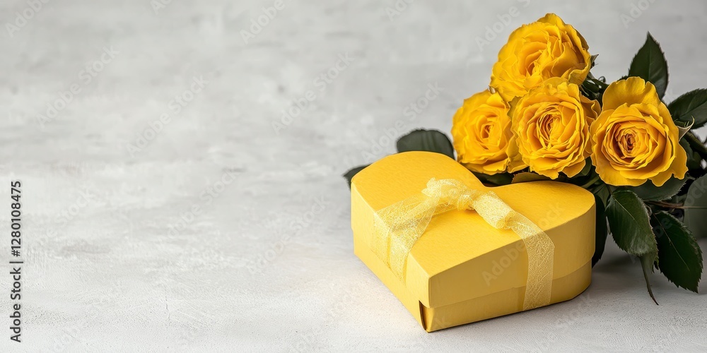 Yellow Roses and Heart Shaped Gift Box on Gray Background