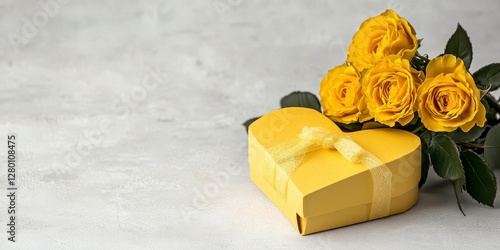 Obraz na płótnie Yellow Roses and Heart Shaped Gift Box on Gray Background w salonie
