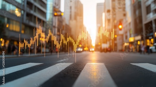 Urban Street with Sound Waves Visualization at Sunset in City