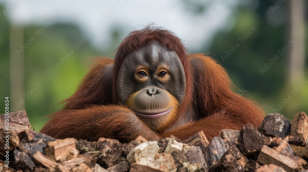 Obraz premium Environmental crisis. Orangutan resting on logs in a natural setting.