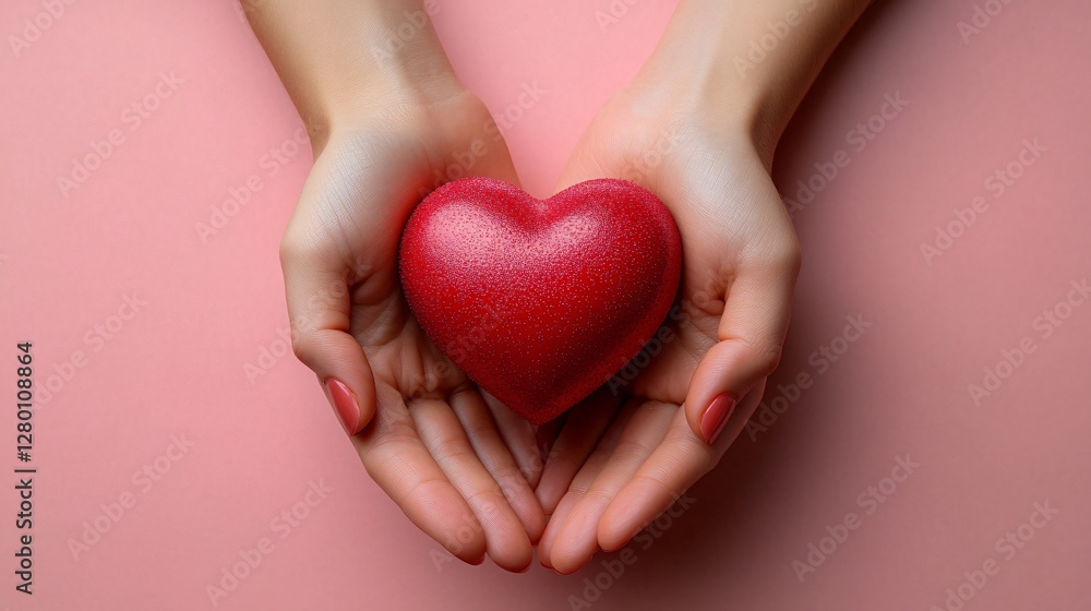 Fototapeta premium A pair of hands gently cradling a vibrant red heart on a soft pink background, perfect for Valentine's Day, Mother's Day, or women's empowerment themes.