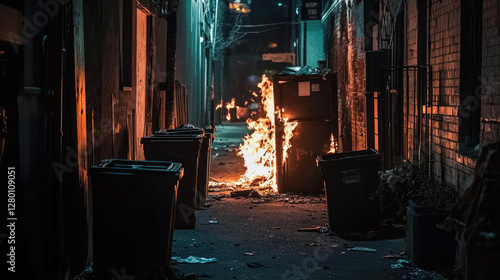 A dark alley with burning trash cans casting eerie shadows, depicting post-riot destruction, civil unrest, and urban chaos. A haunting atmosphere captures the aftermath of social upheaval. photo