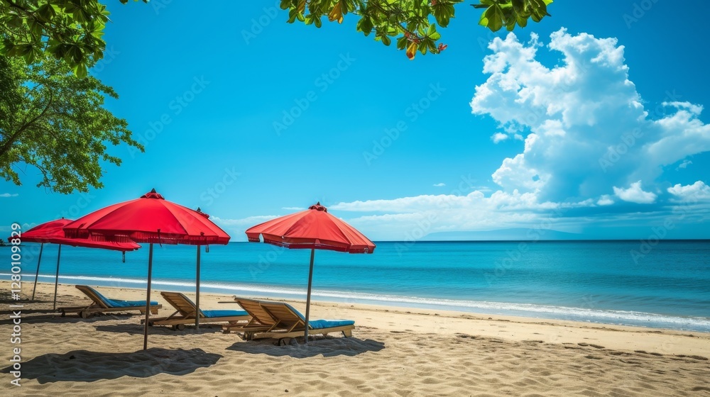 Fototapeta premium Colorful beach umbrellas and loungers create a relaxing summer atmosphere