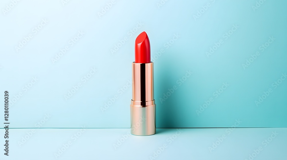 Red Lipstick on Blue Background Beauty Product Minimalist Red Lipstick on Blue Background Beauty Product Minimalist