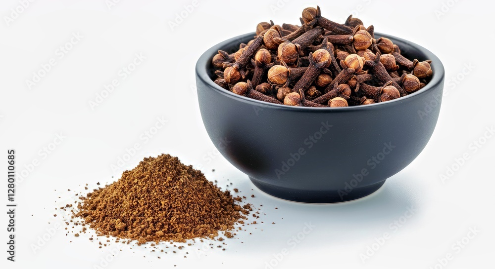 A Black Ceramic Bowl Containing Whole Cloves, With a Small Mound of Ground Cloves Around It A Black Ceramic Bowl Containing Whole Cloves, With a Small Mound of Ground Cloves Around It