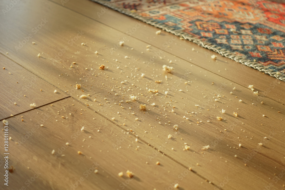 Obraz premium Dust and crumbs scattered on wooden floor near a colorful rug