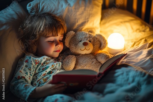 A young child in cozy pajamas listens to a bedtime story while hugging a stuffed animal. The warm glow of a nightlight