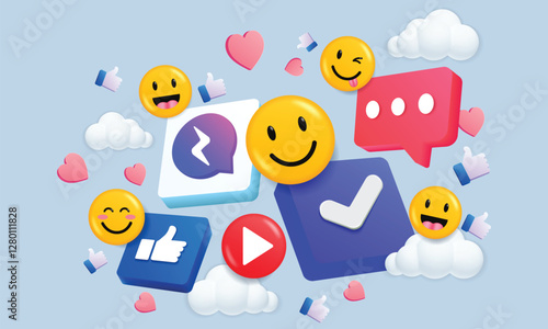 3D Social media platform, online social communication applications concept, emoji, hearts, chat on light blue background. 3d Vector illustration