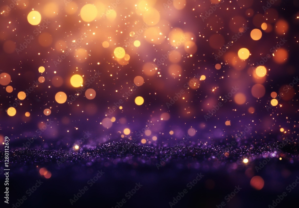 Abstract background of shimmering golden lights and bokeh effects over a dark purple backdrop creating a dreamy and enchanting atmosphere for designs Abstract background of shimmering golden lights and bokeh effects over a dark purple backdrop creating a dreamy and enchanting atmosphere for designs
