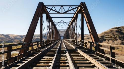 A railway bridge stretching across a vast, open landscape under clear skies