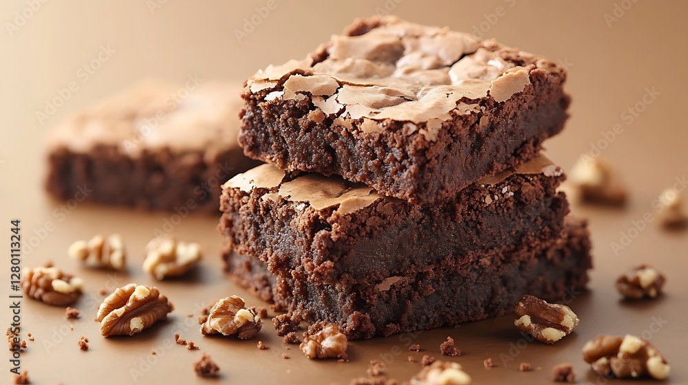 Stacked brownies, close-up, brown surface, scattered pecans Stacked brownies, close-up, brown surface, scattered pecans