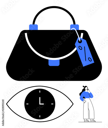 Black purse with sale tag, clock eye symbol, and pensive shopper suggesting time, luxury, discounts, and decision-making. Ideal for shopping trends, sales, fashion marketing timing retail